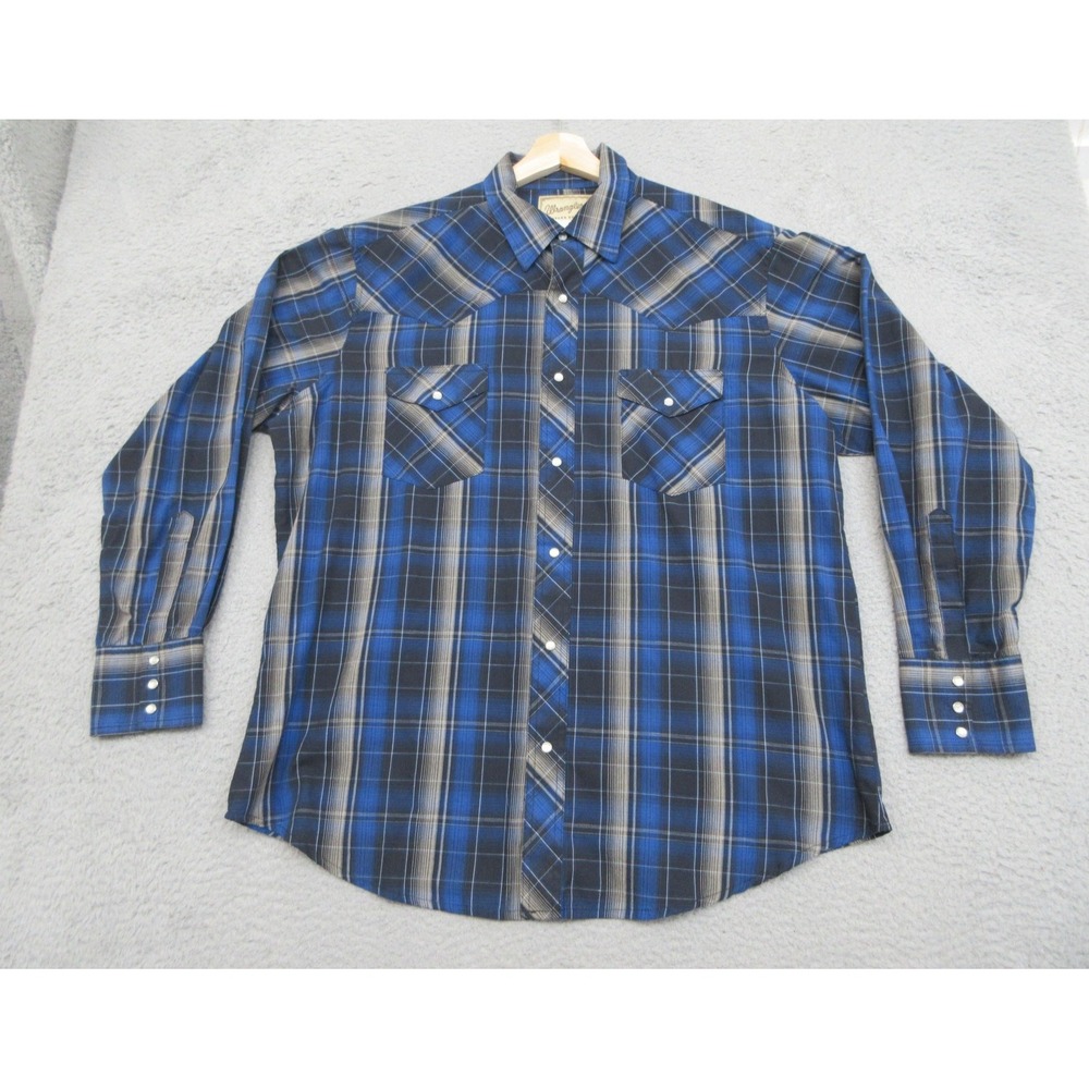 Wrangler Western Pearl Snap Shirt Mens XL Blue Plaid Cowboy Rodeo Ranch Workwear